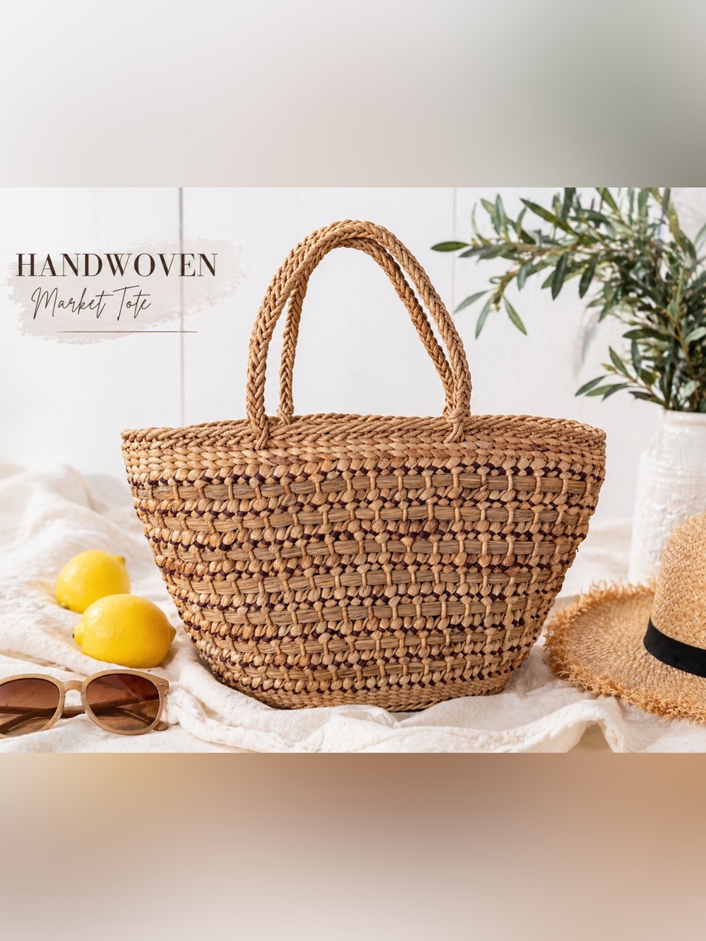 Handwoven Straw Market Tote Bag Natural Raffia Basket Purse Boho Summer